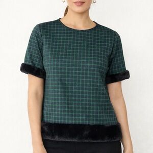 Sara‎ Campbell Green Plaid Faux Fur Trim Top USA Made Short Sleeve Women’s L